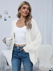 Elouméa Drop Shoulder Casual Design Cardigan,Long Sleeve Tops Fall Winter Cloth For Women - Beige - View 3