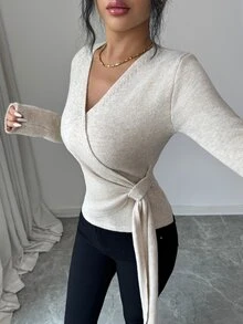 Elenzga Women's V-Neck Criss-Cross Wrap Knit Top With Side Knot Tie Cinched Waist Long Sleeve Base Layer Sweater - Apricot - View 1