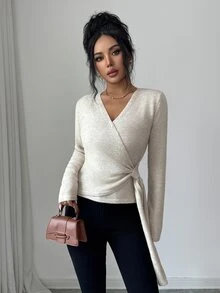Elenzga Women's V-Neck Criss-Cross Wrap Knit Top With Side Knot Tie Cinched Waist Long Sleeve Base Layer Sweater - Apricot - View 3
