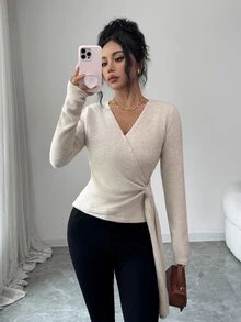 Elenzga Women's V-Neck Criss-Cross Wrap Knit Top With Side Knot Tie Cinched Waist Long Sleeve Base Layer Sweater - Apricot - View 5