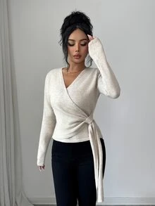 Elenzga Women's V-Neck Criss-Cross Wrap Knit Top With Side Knot Tie Cinched Waist Long Sleeve Base Layer Sweater - Apricot - View 6