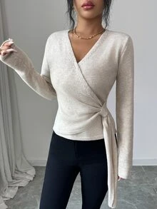 Elenzga Women's V-Neck Criss-Cross Wrap Knit Top With Side Knot Tie Cinched Waist Long Sleeve Base Layer Sweater - Apricot - View 4