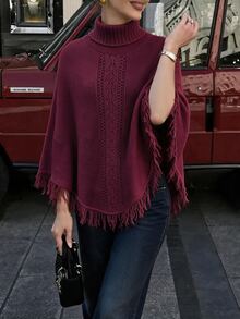 Flora Isola Flora Isola Elegant High Neck Fringe Trim Design Shawl Sweater For Women - Red - View 4