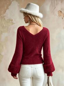 LUMIGAL Autumn/Winter European & American Fashion Sexy Slim Fit V-Neck Fuzzy Cuff Design Patchwork Knit Top - Burgundy - View 2