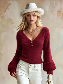 LUMIGAL Autumn/Winter European & American Fashion Sexy Slim Fit V-Neck Fuzzy Cuff Design Patchwork Knit Top - Burgundy - View 1