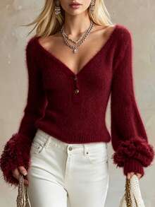 LUMIGAL Autumn/Winter European & American Fashion Sexy Slim Fit V-Neck Fuzzy Cuff Design Patchwork Knit Top - Burgundy - View 3