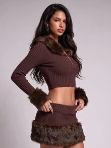 Nooralise Fashion Street Style Hot Girl Y2K Neckline & Cuff Faux Fur Patchwork Ribbed Half-Zip Front Women's T-Shirt - Coffee Brown - View 3