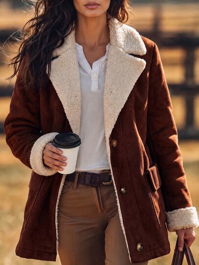 LUMIGAL Women's Country Vintage Leather & Fleece Composite Brown Jacket, Casual Regular Fit, Elegant Commuter Coat For Autumn/Winter