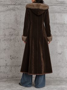 LUMIGAL Coffee Brown Suede Faux Fur Collar Cuffed Waist Bohemian Style Long Regular Fit Women's Autumn/Winter Coat - Coffee Brown - View 2