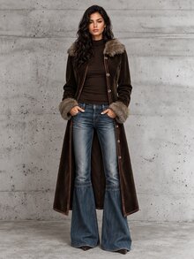 LUMIGAL Coffee Brown Suede Faux Fur Collar Cuffed Waist Bohemian Style Long Regular Fit Women's Autumn/Winter Coat - Coffee Brown - View 1