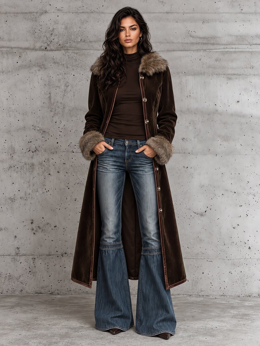 LUMIGAL Coffee Brown Suede Faux Fur Collar Cuffed Waist Bohemian Style Long Regular Fit Women's Autumn/Winter Coat - Coffee Brown - View 1