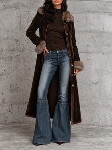 LUMIGAL Coffee Brown Suede Faux Fur Collar Cuffed Waist Bohemian Style Long Regular Fit Women's Autumn/Winter Coat - Coffee Brown - View 4