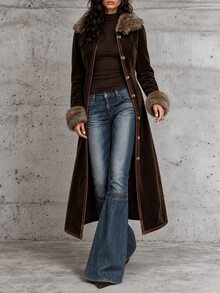 LUMIGAL Coffee Brown Suede Faux Fur Collar Cuffed Waist Bohemian Style Long Regular Fit Women's Autumn/Winter Coat - Coffee Brown - View 6