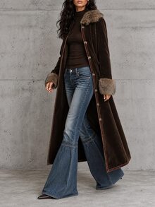 LUMIGAL Coffee Brown Suede Faux Fur Collar Cuffed Waist Bohemian Style Long Regular Fit Women's Autumn/Winter Coat - Coffee Brown - View 5