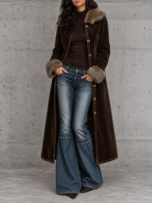 LUMIGAL Coffee Brown Suede Faux Fur Collar Cuffed Waist Bohemian Style Long Regular Fit Women's Autumn/Winter Coat - Coffee Brown - View 3