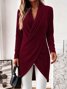 Holdful Holdful Women's Cross Collar V-Neck Elegant Vintage Commuter Knit Top, Versatile - Red - View 6