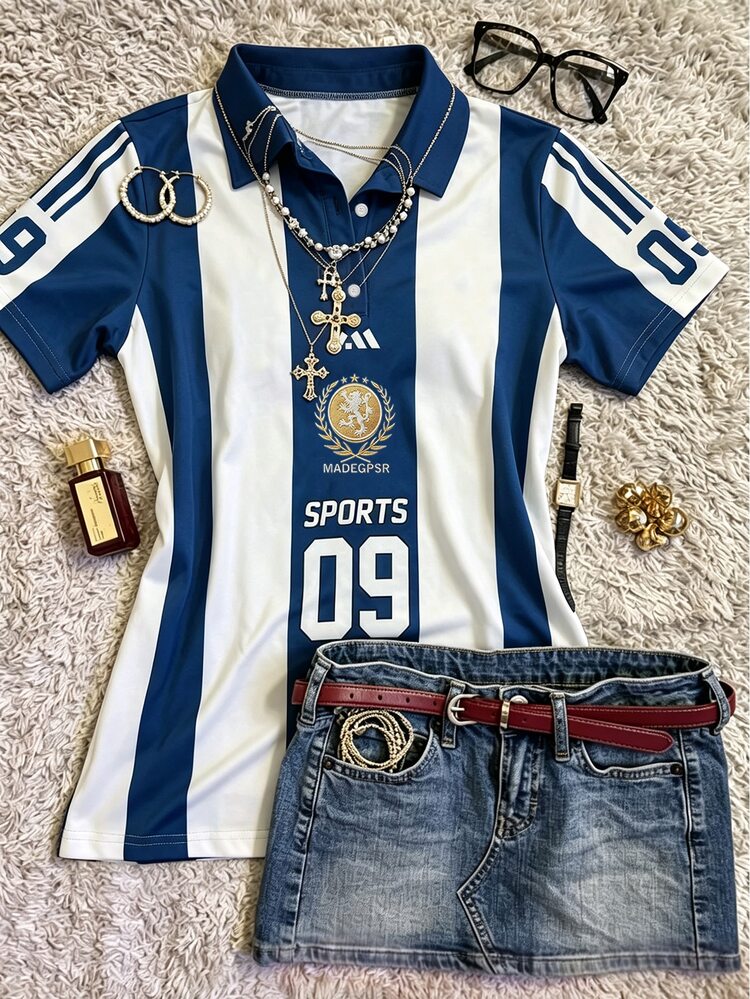 Lalippa Sporty Blue White Striped Digital Print Women's Lapel Polo T-Shirt Shoulder Short Sleeve Jersey Top Casual Daily Friend's Gift - Multicolor - View 1