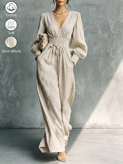 SHEIN Women's Autumn/Winter New French Elegant Ruched Long Sleeve Cinched Waist Apricot Linen Cotton Jumpsuit, Natural Texture Comfortable Linen Cotton Fabric, Cross V-Neck Design Highlights Neckline, Puff Sleeves Add Romantic Flair, Elastic Waist With Drawstring, Suitable For Daily Wear And Dating Occasions