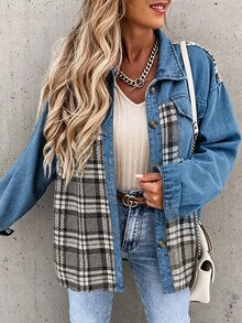 SHEIN Women's Plaid Patchwork Casual Retro Vintage Versatile Daily Everyday Travel Outing Long Sleeve Jacket Fall - Blue - View 3