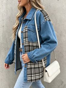 SHEIN Women's Plaid Patchwork Casual Retro Vintage Versatile Daily Everyday Travel Outing Long Sleeve Jacket Fall - Blue - View 4