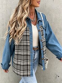 SHEIN Women's Plaid Patchwork Casual Retro Vintage Versatile Daily Everyday Travel Outing Long Sleeve Jacket Fall - Blue - View 5