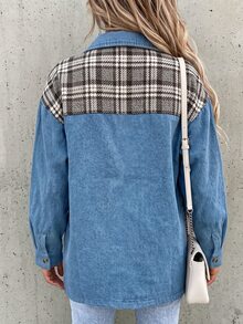 SHEIN Women's Plaid Patchwork Casual Retro Vintage Versatile Daily Everyday Travel Outing Long Sleeve Jacket Fall - Blue - View 2