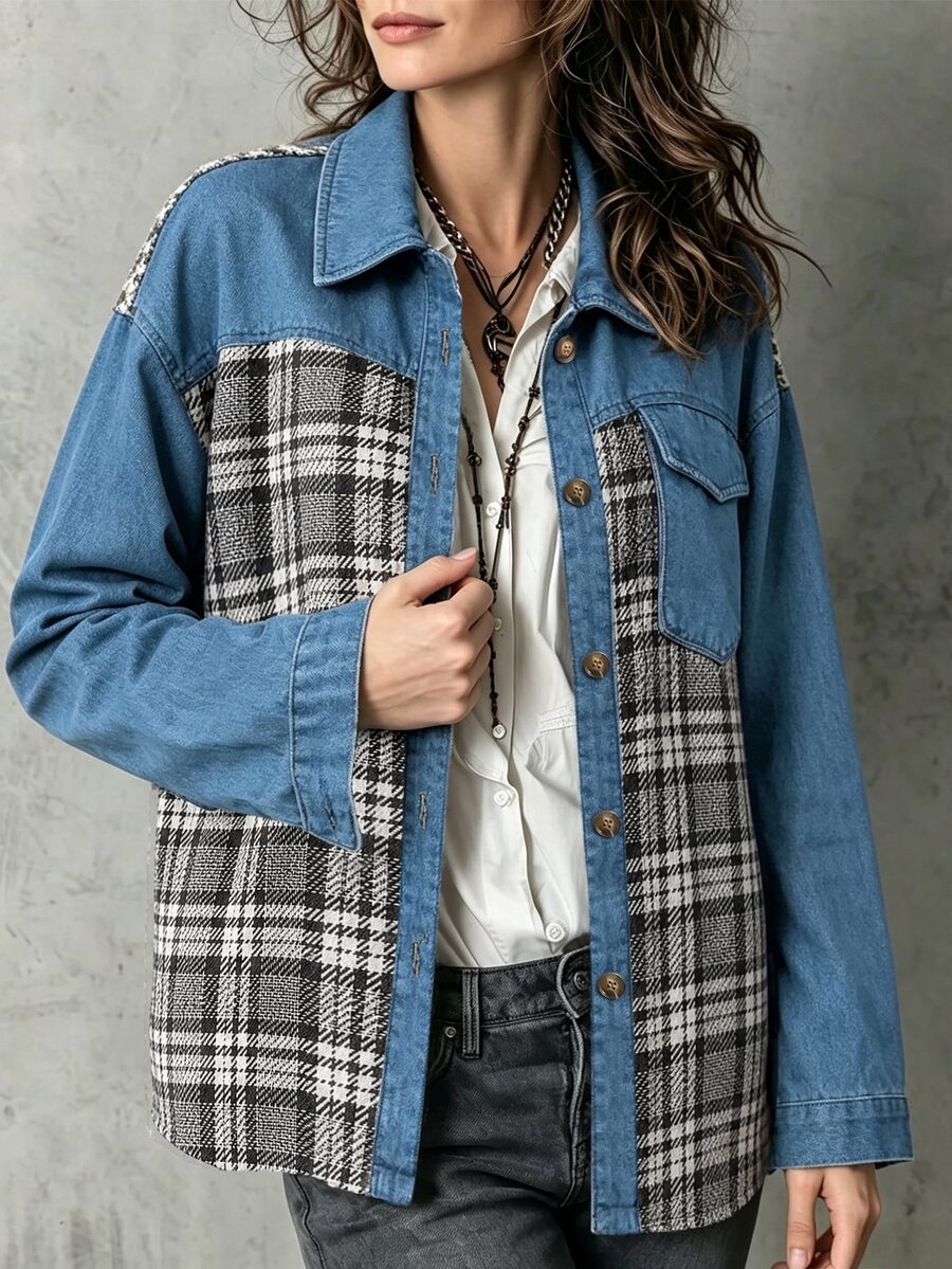 SHEIN Women's Plaid Patchwork Casual Retro Vintage Versatile Daily Everyday Travel Outing Long Sleeve Jacket Fall - Blue - View 1