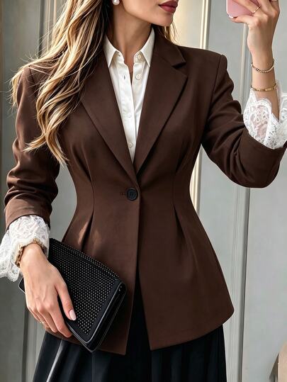 SHEIN PariChic Women's Autumn/Winter French Style Casual Elegant Long Sleeve Waist-Cinched Blazer Lace Cuff Design Business Office Dark Brown