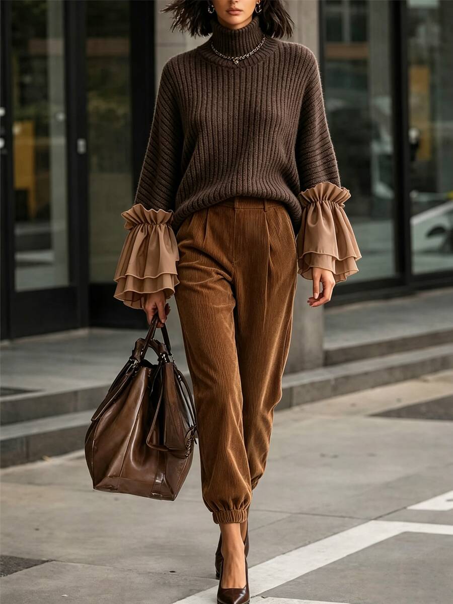 SHEIN Maillard High Neck Knit Patchwork Ruffle Satin Cuff Top + Caramel Corduroy Jogger Pants 2 Pieces Set - Brown - View 1
