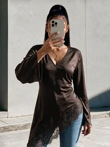 Eryvara 女款新款蕾絲拼接圓領喇叭袖不對稱下擺上衣，適合上班、通勤、社交/專業場合 - 棕色 - 查看 6
