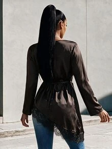 Eryvara 女款新款蕾絲拼接圓領喇叭袖不對稱下擺上衣，適合上班、通勤、社交/專業場合 - 棕色 - 查看 2