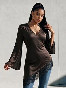 Eryvara 女款新款蕾絲拼接圓領喇叭袖不對稱下擺上衣，適合上班、通勤、社交/專業場合 - 棕色 - 查看 7