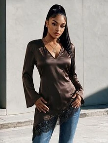 Eryvara 女款新款蕾絲拼接圓領喇叭袖不對稱下擺上衣，適合上班、通勤、社交/專業場合 - 棕色 - 查看 4