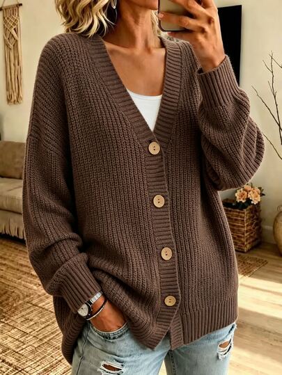 SHEIN Cardigan Rajut Lengan Panjang Kancing Bergaya Vintage untuk Wanita, Cocok untuk Musim Semi, Musim Panas, Musim Gugur, dan Musim Dingin.