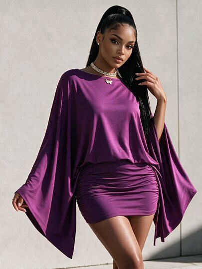 Eryvara Women's Fashion Plum Purple Batwing Sleeve Asymmetrical Shoulder Bodycon Mini Dress, Elegant Party Evening Vacation Dress For Autumn