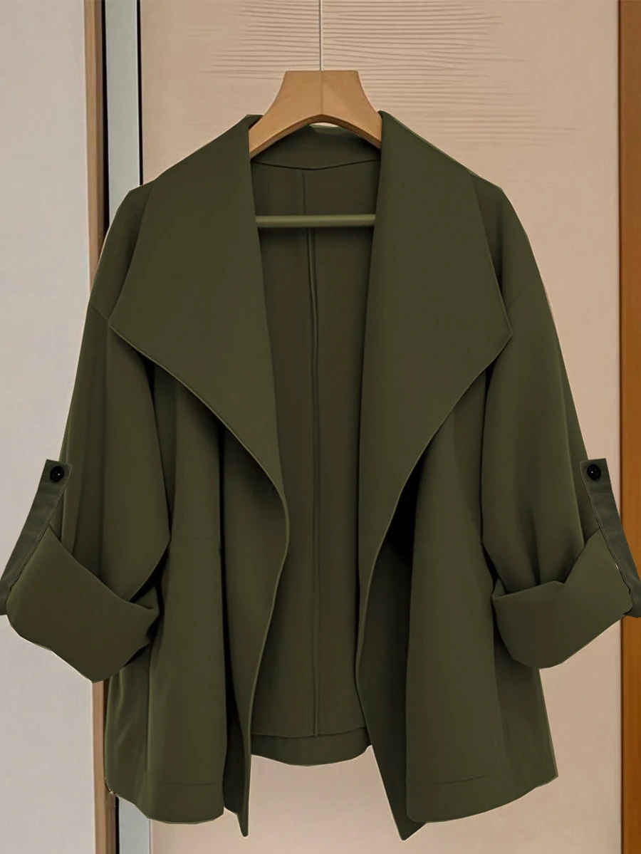 Franclia Women's Casual Short Jacket, Unique Design, Retro Style, Lapel Collar, Unbutton, Lightweight Windbreaker For Commuting & Leisure - Army Green - View 1