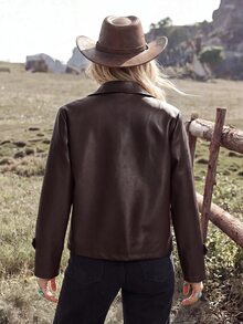 Wildy Casual Western Country Nomad Women's Autumn/Winter Everyday Basic Outfit Motorcycle Jacket - Rust Brown - View 3