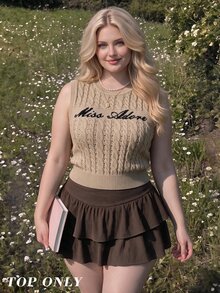 SHEIN MOD Plus Size Letter Print Sleeveless Knit Top Morning Formal Date Night Khaki Summer Elegant - Khaki - View 5