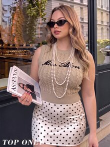 SHEIN MOD Plus Size Letter Print Sleeveless Knit Top Morning Formal Date Night Khaki Summer Elegant - Khaki - View 1