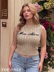 SHEIN MOD Plus Size Letter Print Sleeveless Knit Top Morning Formal Date Night Khaki Summer Elegant - Khaki - View 4