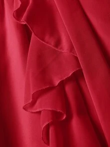 SHEIN MOD 大尺碼女款度假短版荷葉袖方領前綁帶洋裝 - 紅色 - 查看 5