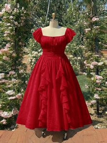 SHEIN MOD 大尺碼女款度假短版荷葉袖方領前綁帶洋裝 - 紅色 - 查看 7