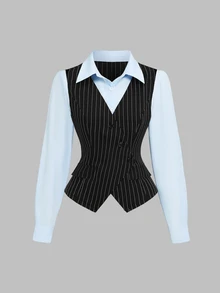 Elamini Autumn/Winter Fashion New French Vintage Striped Vest Shirt Collar 2 In 1 Blazer Elegant Commute Straight Leg Suit Pants Two Pieces Set - Black - View 3