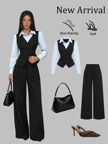 Elamini Autumn/Winter Fashion New French Vintage Striped Vest Shirt Collar 2 In 1 Blazer Elegant Commute Straight Leg Suit Pants Two Pieces Set - Black - View 1