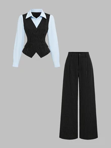 Elamini Autumn/Winter Fashion New French Vintage Striped Vest Shirt Collar 2 In 1 Blazer Elegant Commute Straight Leg Suit Pants Two Pieces Set - Black - View 5