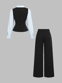 Elamini Autumn/Winter Fashion New French Vintage Striped Vest Shirt Collar 2 In 1 Blazer Elegant Commute Straight Leg Suit Pants Two Pieces Set - Black - View 2