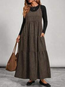 Freevana Plus Size Women's Retro Casual Plaid Dress, Autumn/Winter - Multicolor - View 3