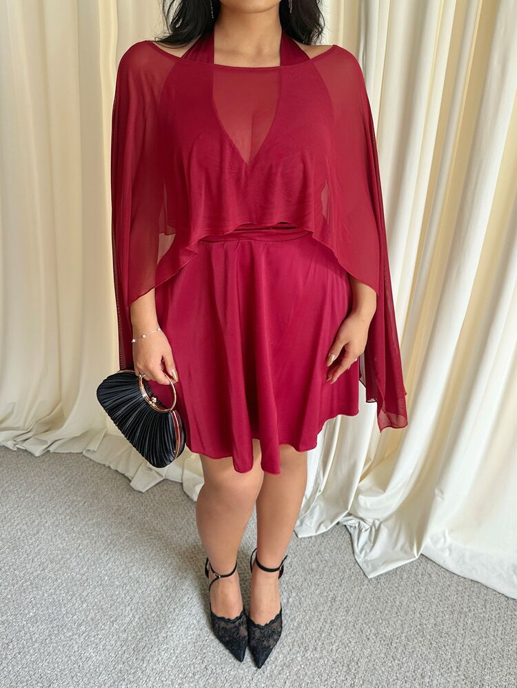 GalTyme Plus Size Women Solid Color Asymmetrical Shoulder Top And Halter Neck Dress Elegant 2 Pieces Set - Burgundy - View 7