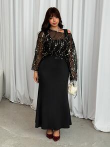 GalTyme Plus Size Women Square Neck Sleeveless Dress & Sequin Sheer Pullover Top Fashion Matching 2 Pieces Set - Black - View 1