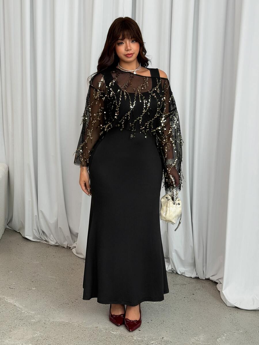 GalTyme Plus Size Women Square Neck Sleeveless Dress & Sequin Sheer Pullover Top Fashion Matching 2 Pieces Set - Black - View 1